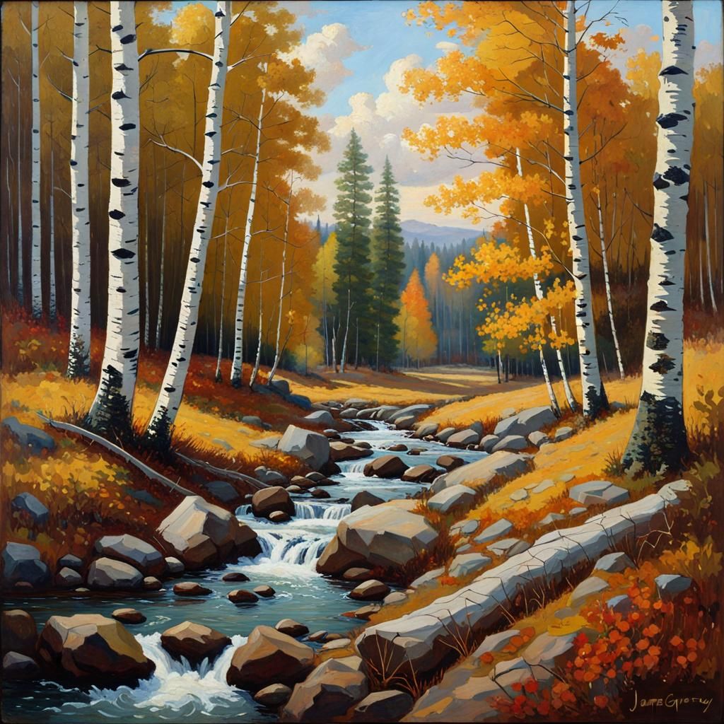 Autumn Birch Forest Stream, Oil Painting