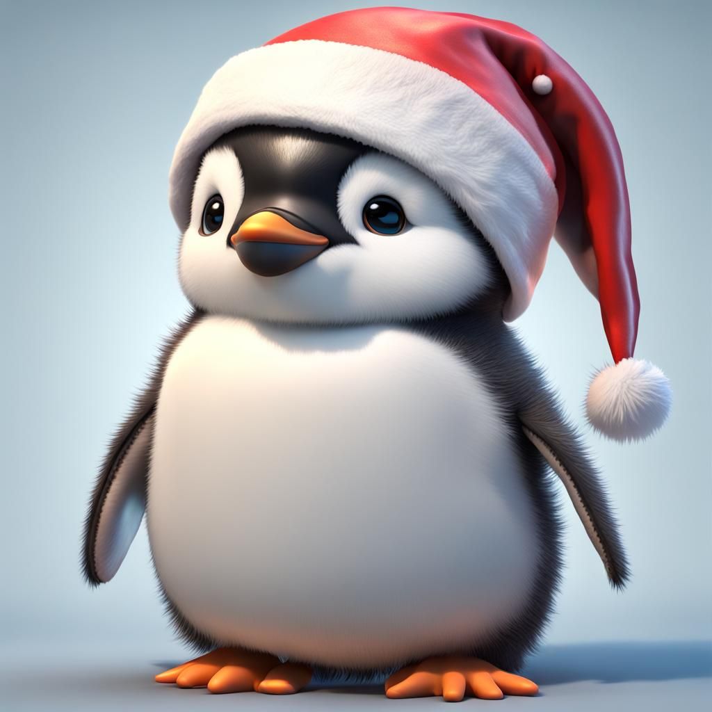 Cute 3D Baby Penguin in Santa Hat
