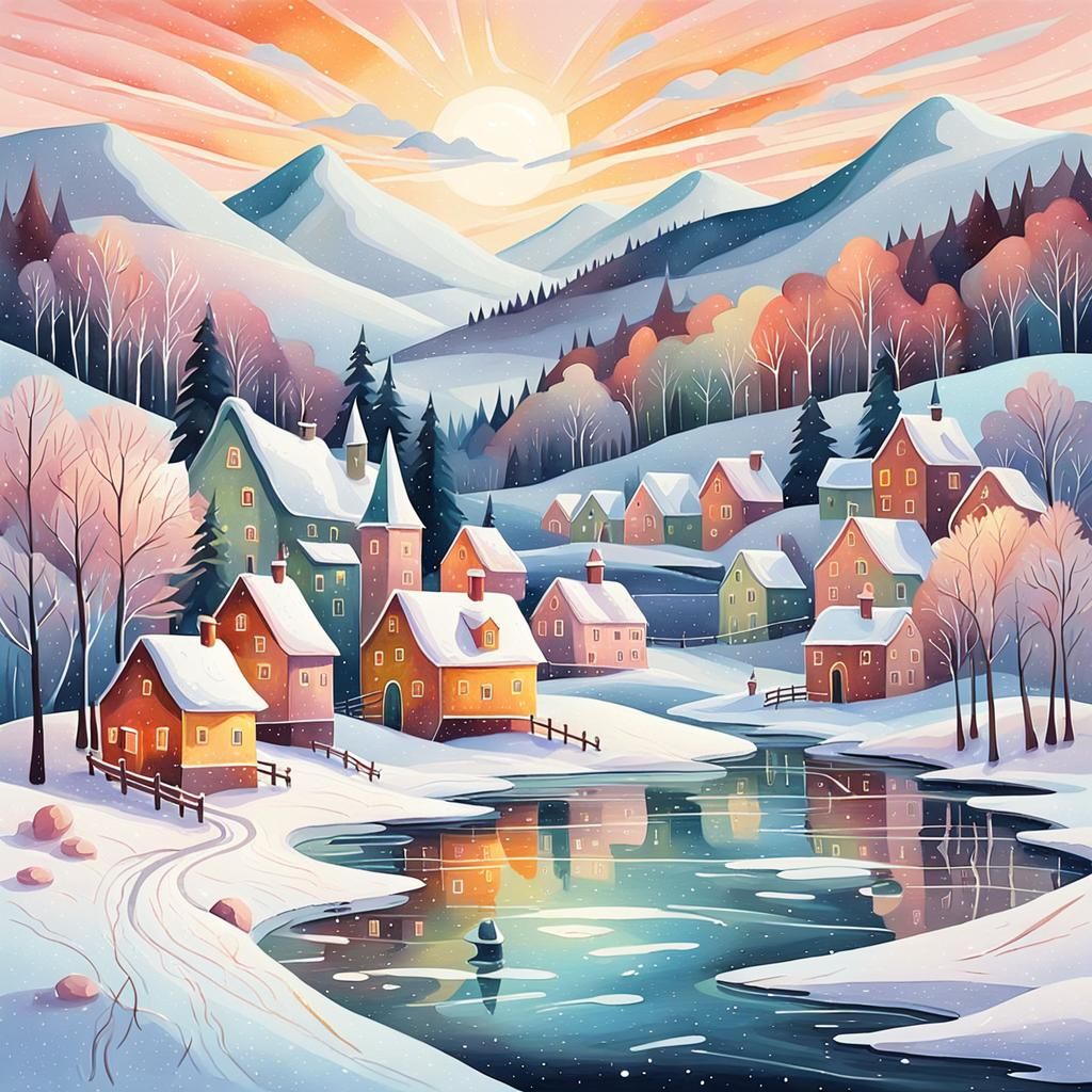 Whimsical Winter Village on Frozen Lake in Naive Art