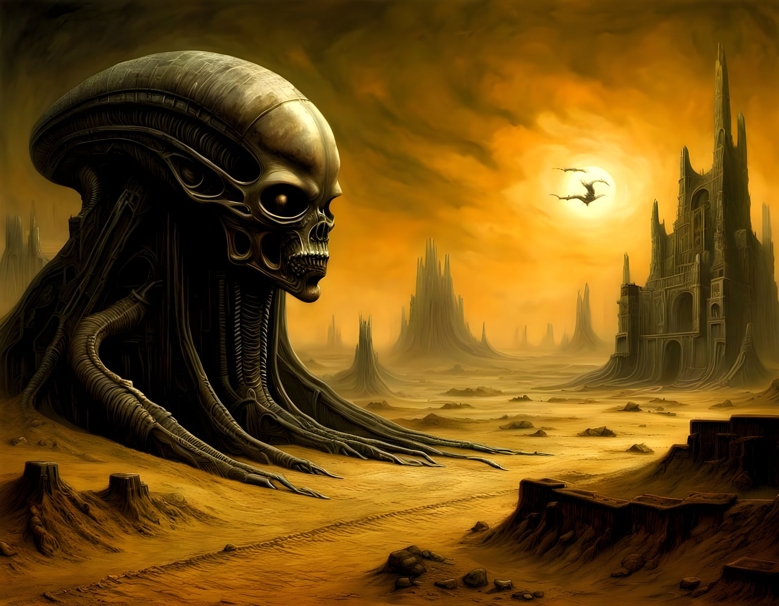 Nightmarish Xenomorph in Desert Ruins: A Surrealist Vision