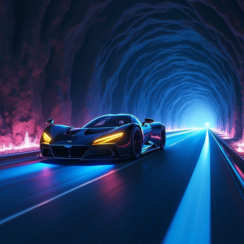 Futuristic Sports Car Speeds Through Crystal Tunnel