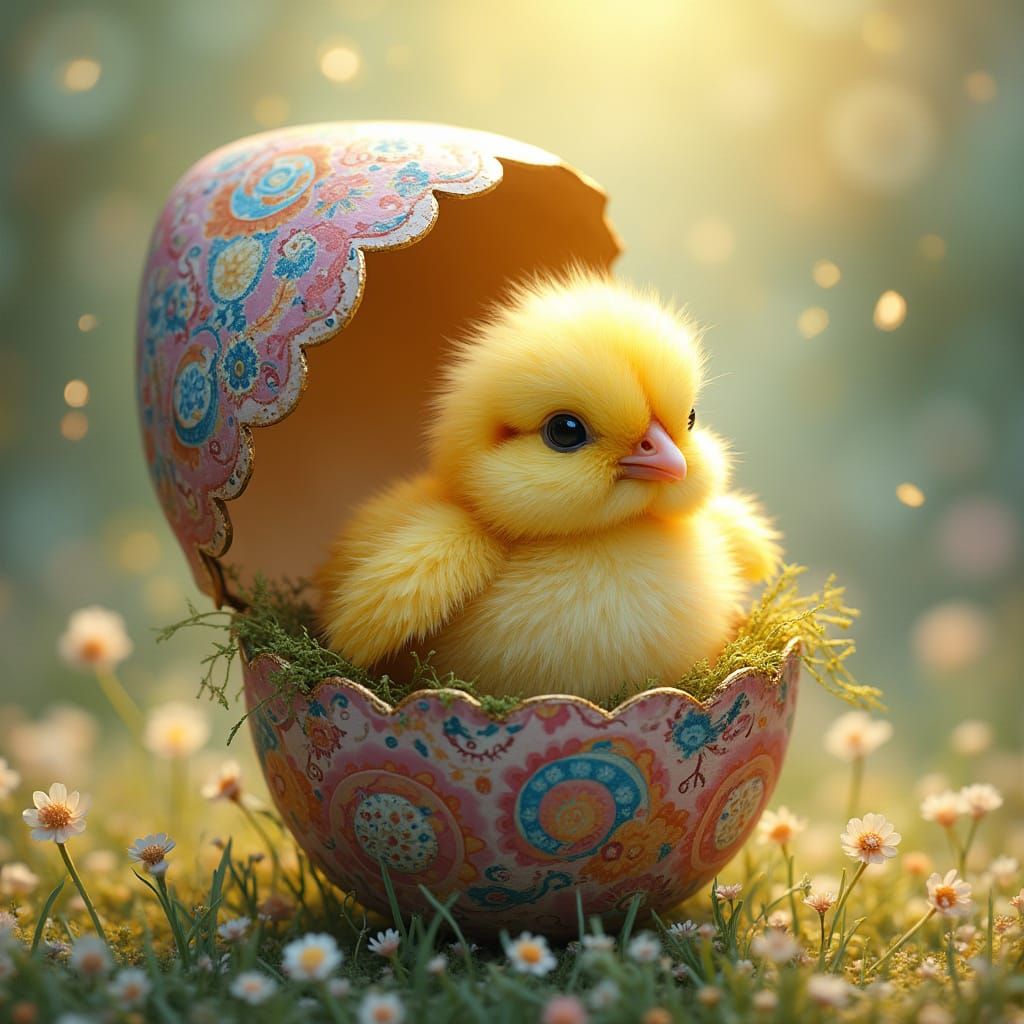 Chick Emerges from Vibrant Easter Egg in Whimsical Art Style
