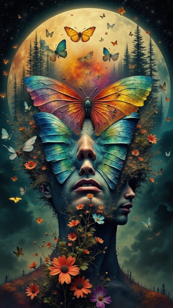 Man's Face Transforms into Butterfly Wings with Eyes