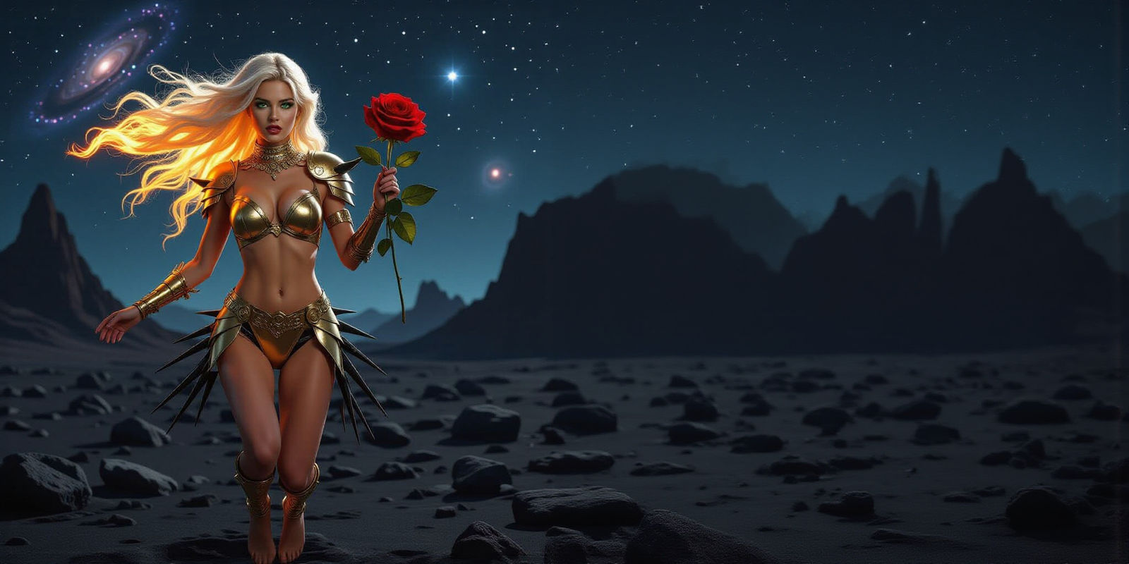 Woman in Fiery Armor Holds Rose on Alien Planet