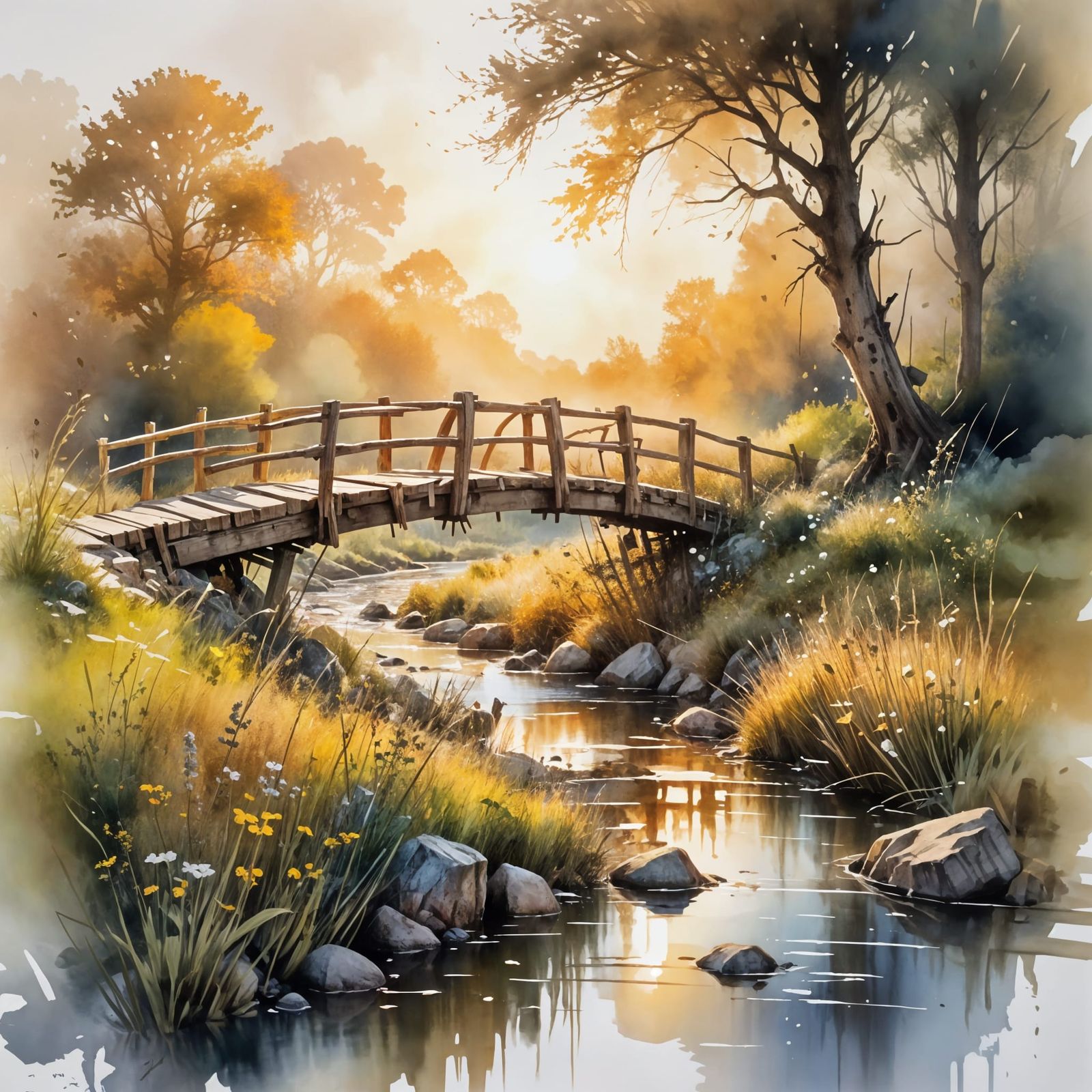 Rustic Bridge Sunset in Watercolour Art