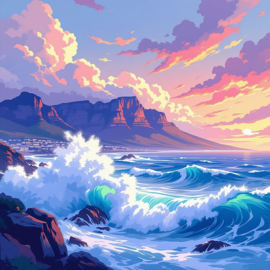 Table Mountain in Turbulent Ocean, Oriental Digital Art
