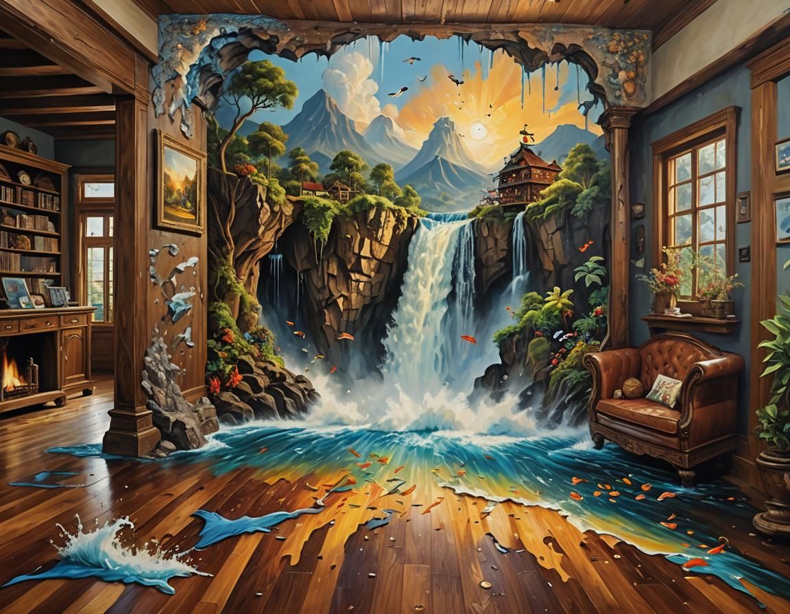 Waterfall Painting Flooding Living Room, Surreal Art