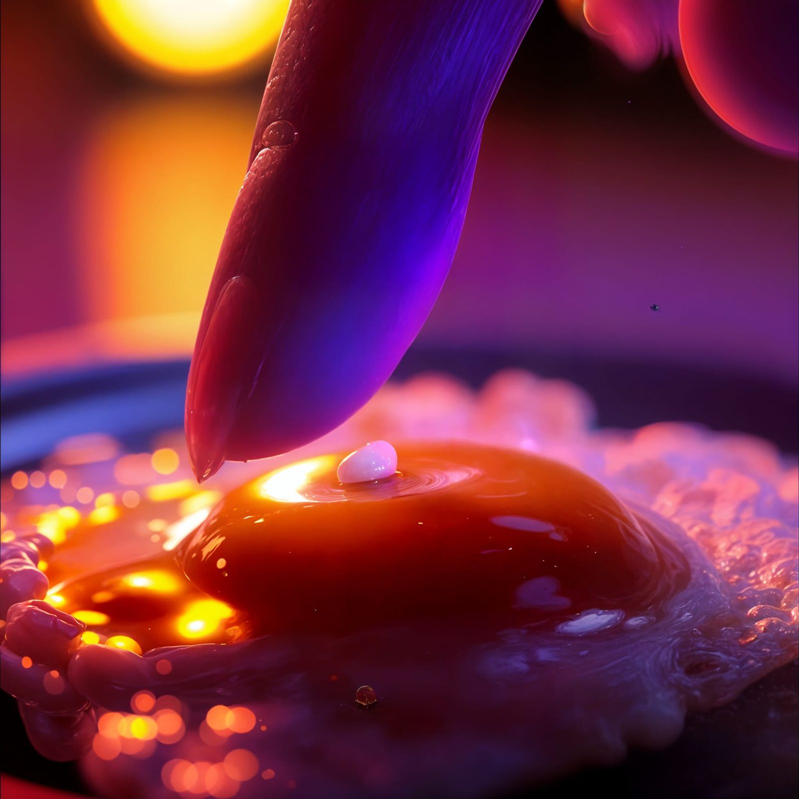 Glowing Finger Touches Egg Yolk: Dreamlike Cinematic Still