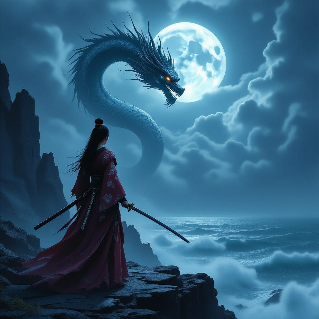 Warrior Woman on Gothic Cliff Facing Spectral Dragon