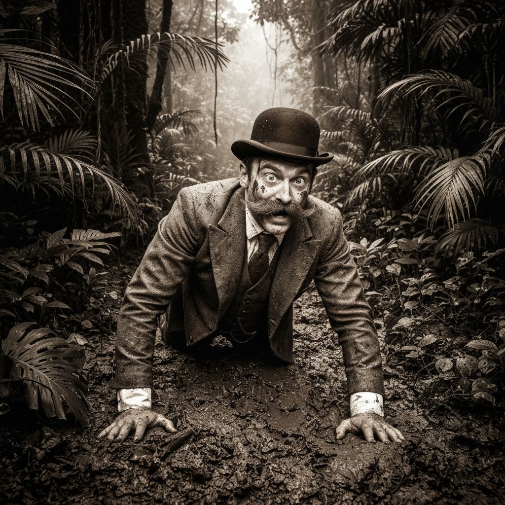 Edwardian Explorer in Muddy Jungle, Sepia Photo