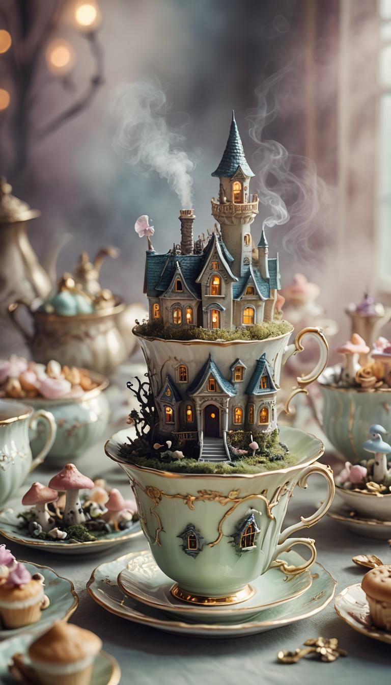 A close-up of a tea cup with a haunted house inside of it . Surreal tea party, haunted house, CGsociety 9, tea cup isome...