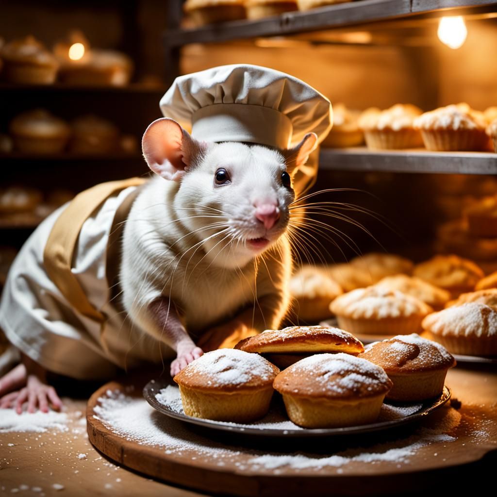 Cinematic Rat Baker with Pastries in Warm-Toned Bakery