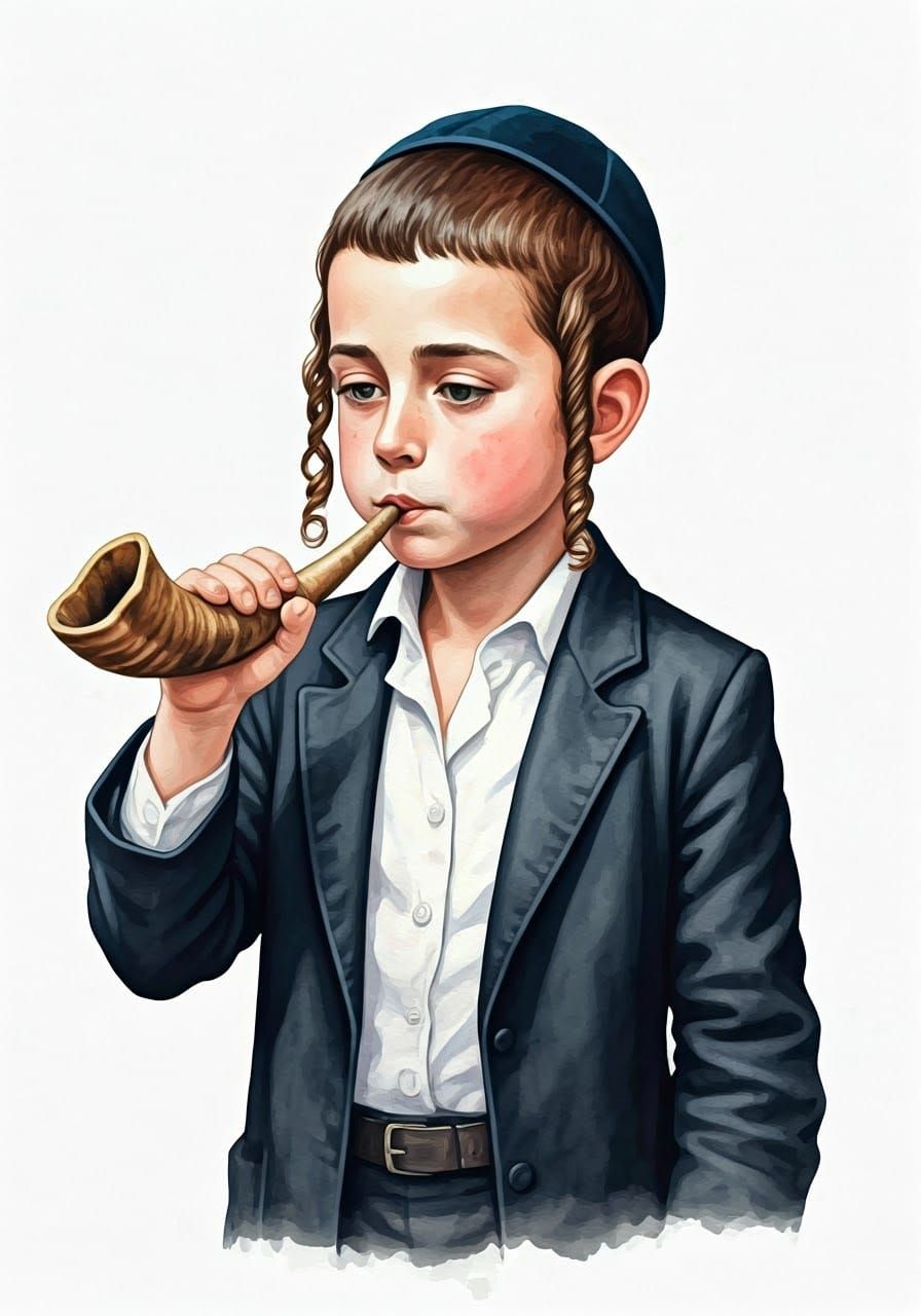 Orthodox Jewish Child Blowing Shofar in Watercolor