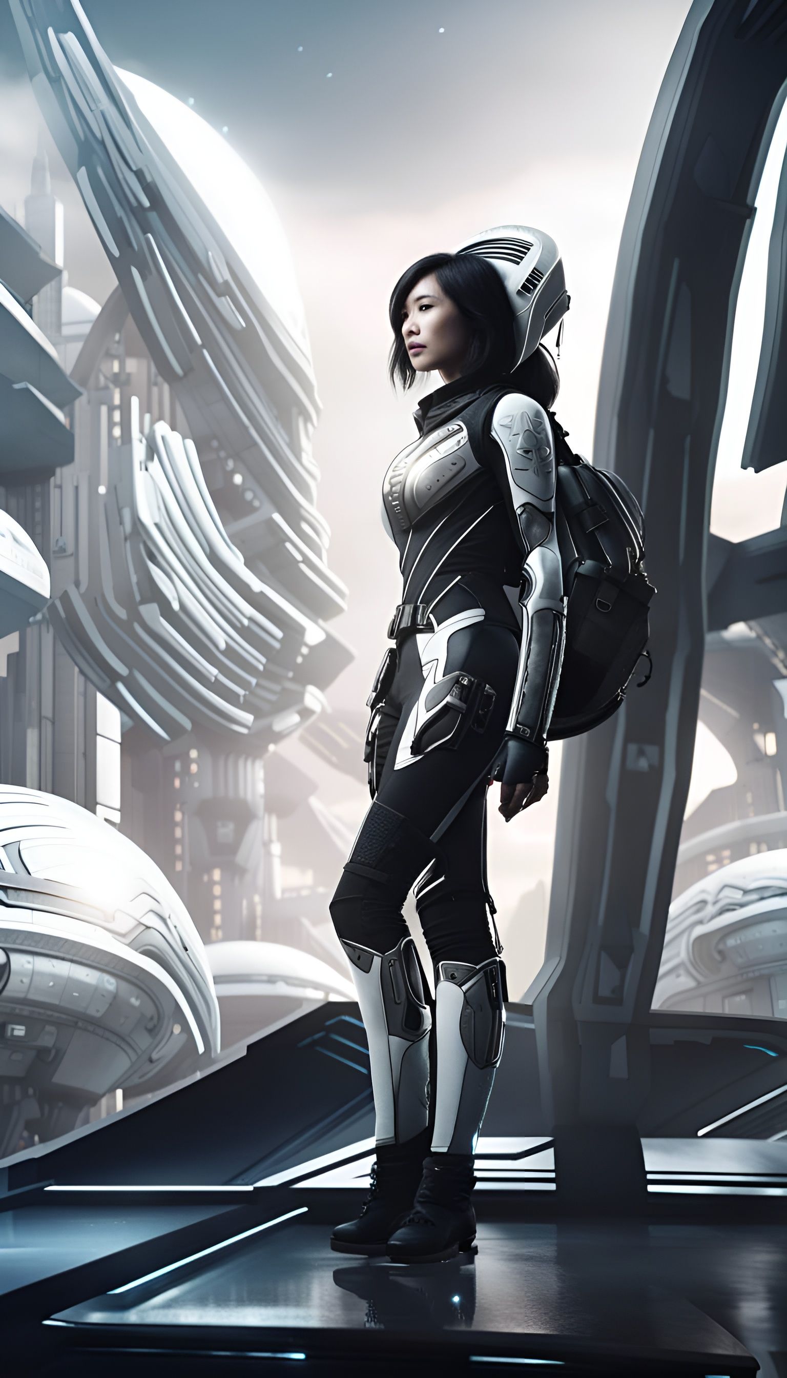Futuristic Asian Woman in Cyberpunk Cityscape