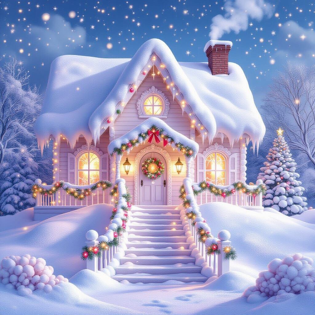 Whimsical Cotton Candy Cottage with Giant Christmas Tree