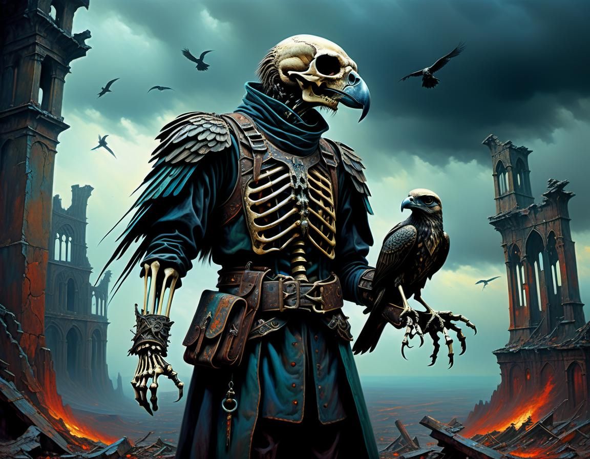 Skeletal Falconer with Bird of Prey in Ruins