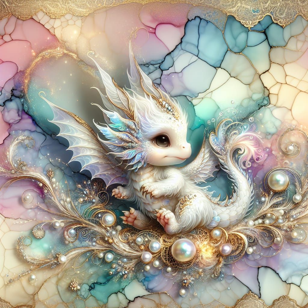 Adorable Iridescent Baby Dragon in Alcohol Ink Style