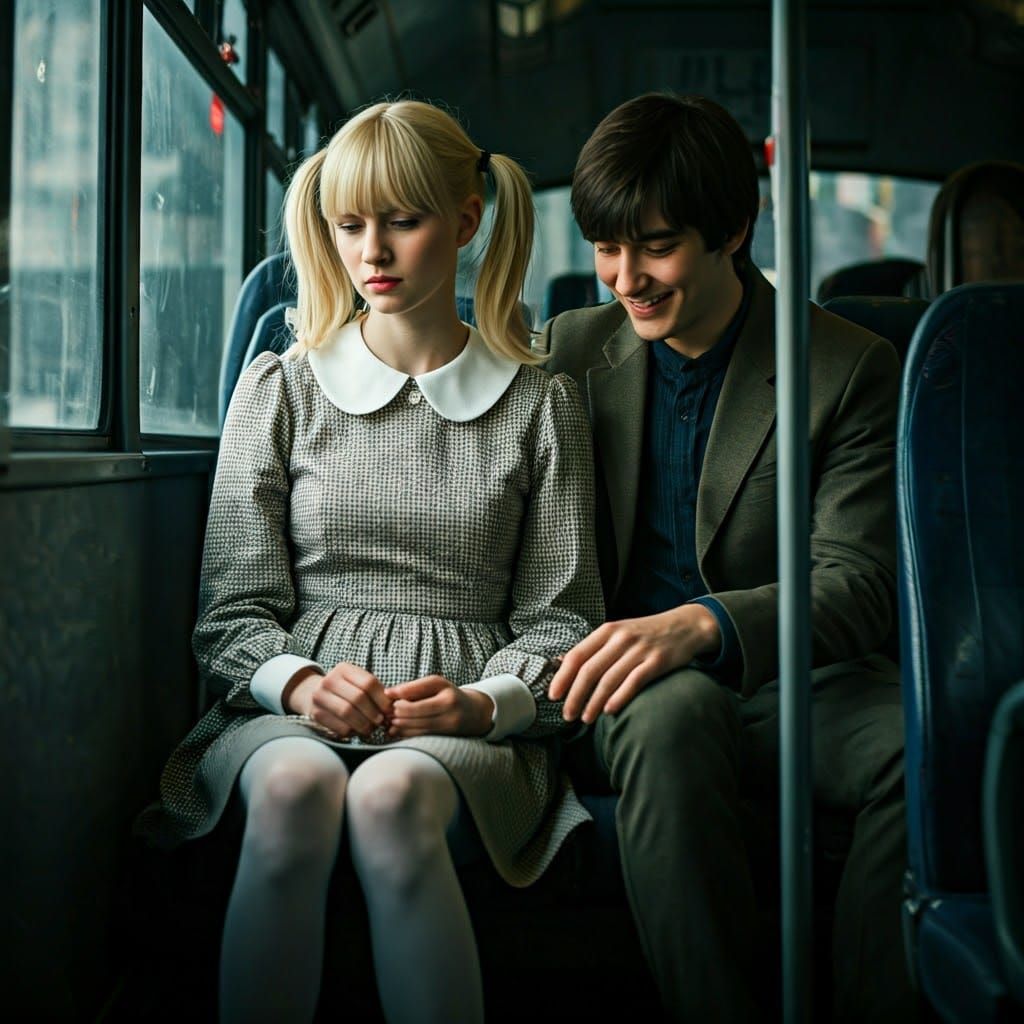 Young Androgynous Person and Smiling Man on Bus