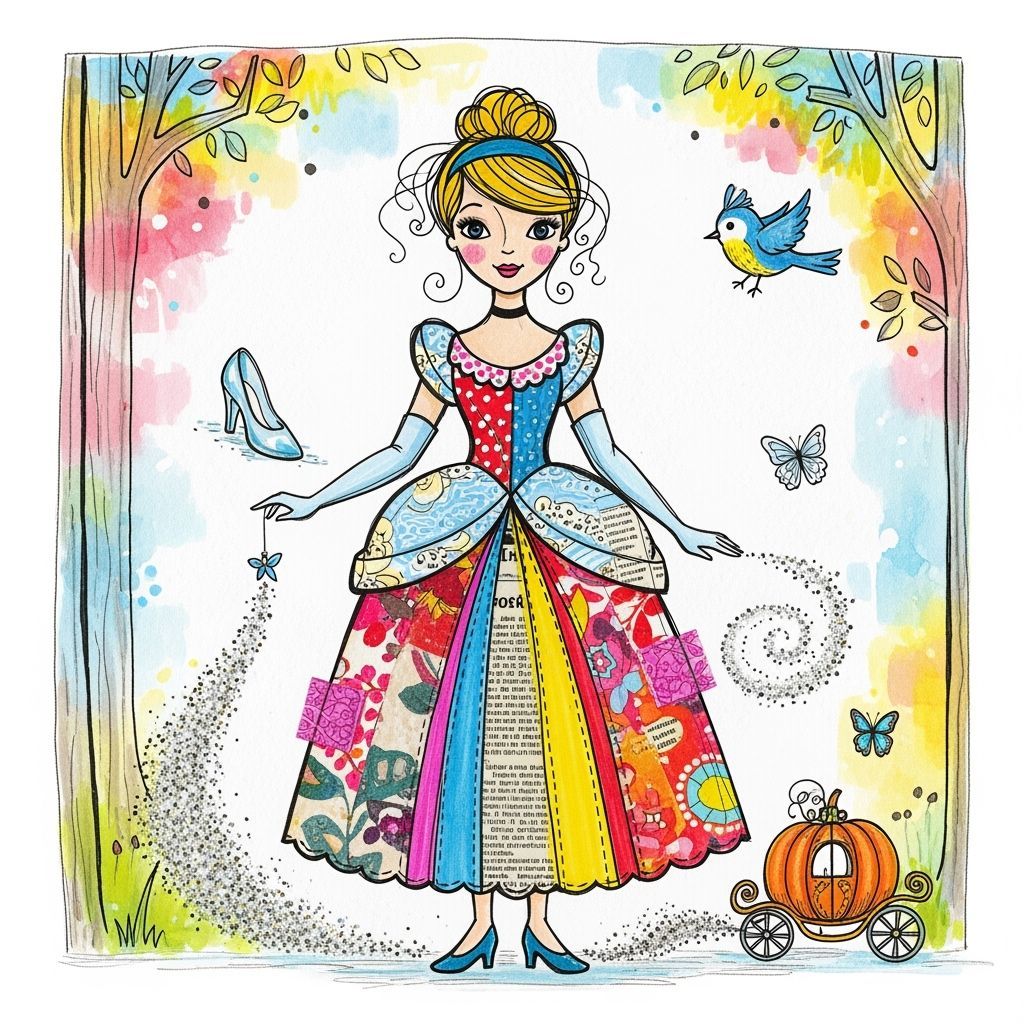 Cinderella in Mixed-Media Dress, Marker Illustration