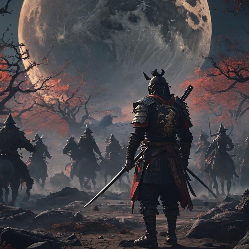 Samurai Warrior Confronts Witches: Detailed Matte Painting