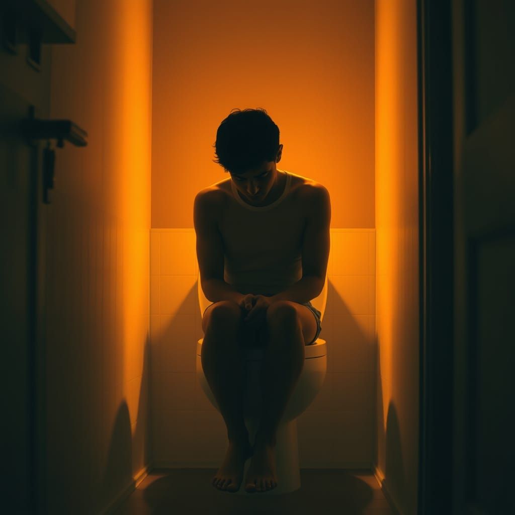 Surrealist Moment of Bathroom Relief in Warm, Golden Tones