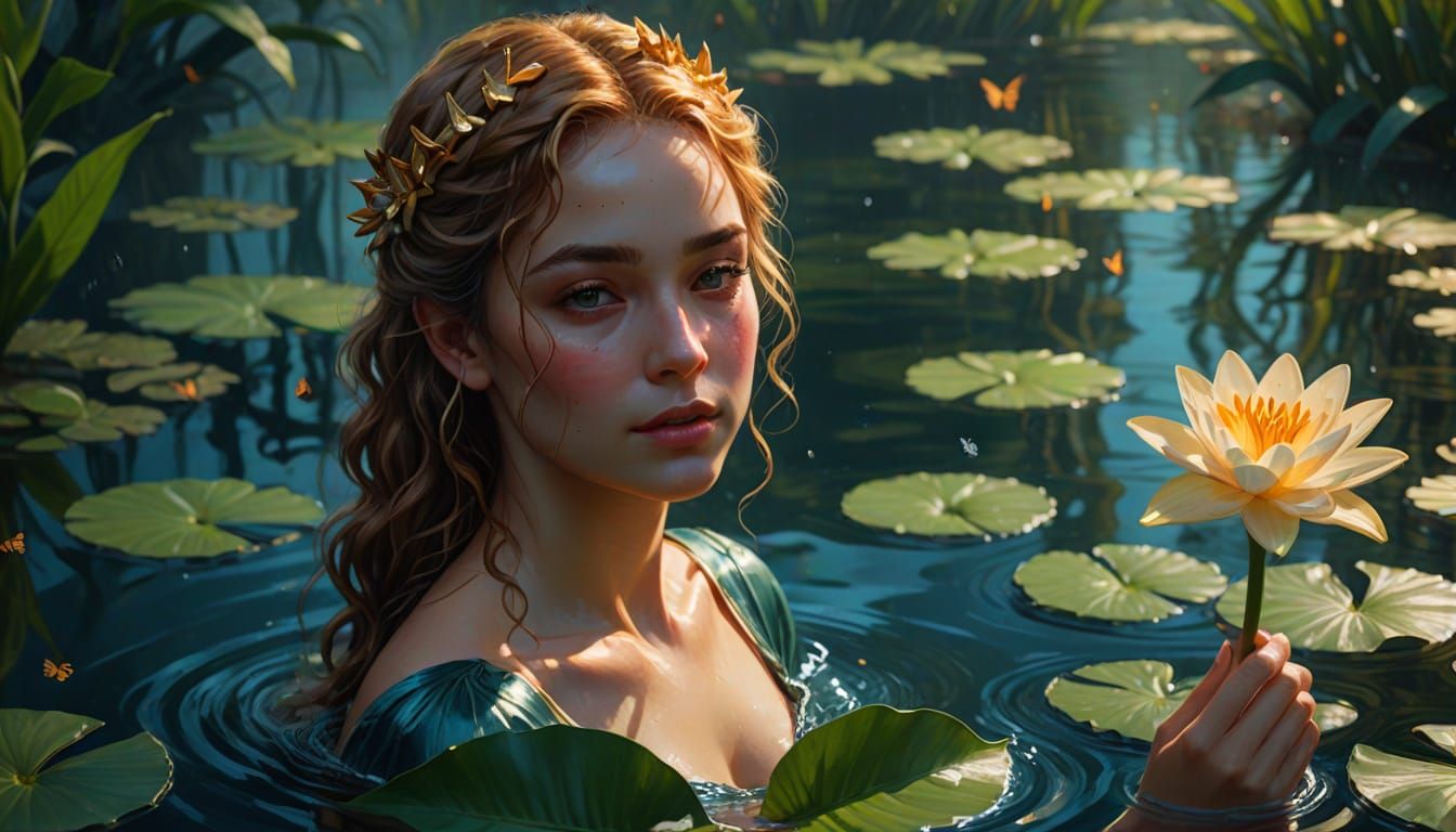 Woman in Water with Lilies: Hyperrealistic Oil Painting