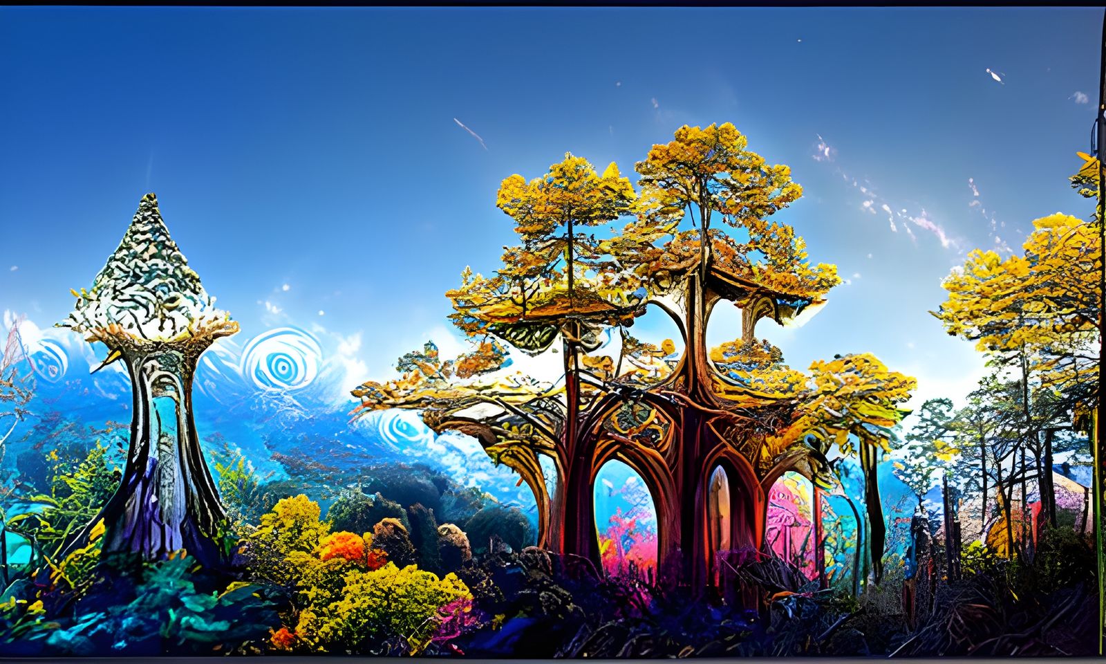 Psychedelic Woods with Swirling Tower: Digital Illustration