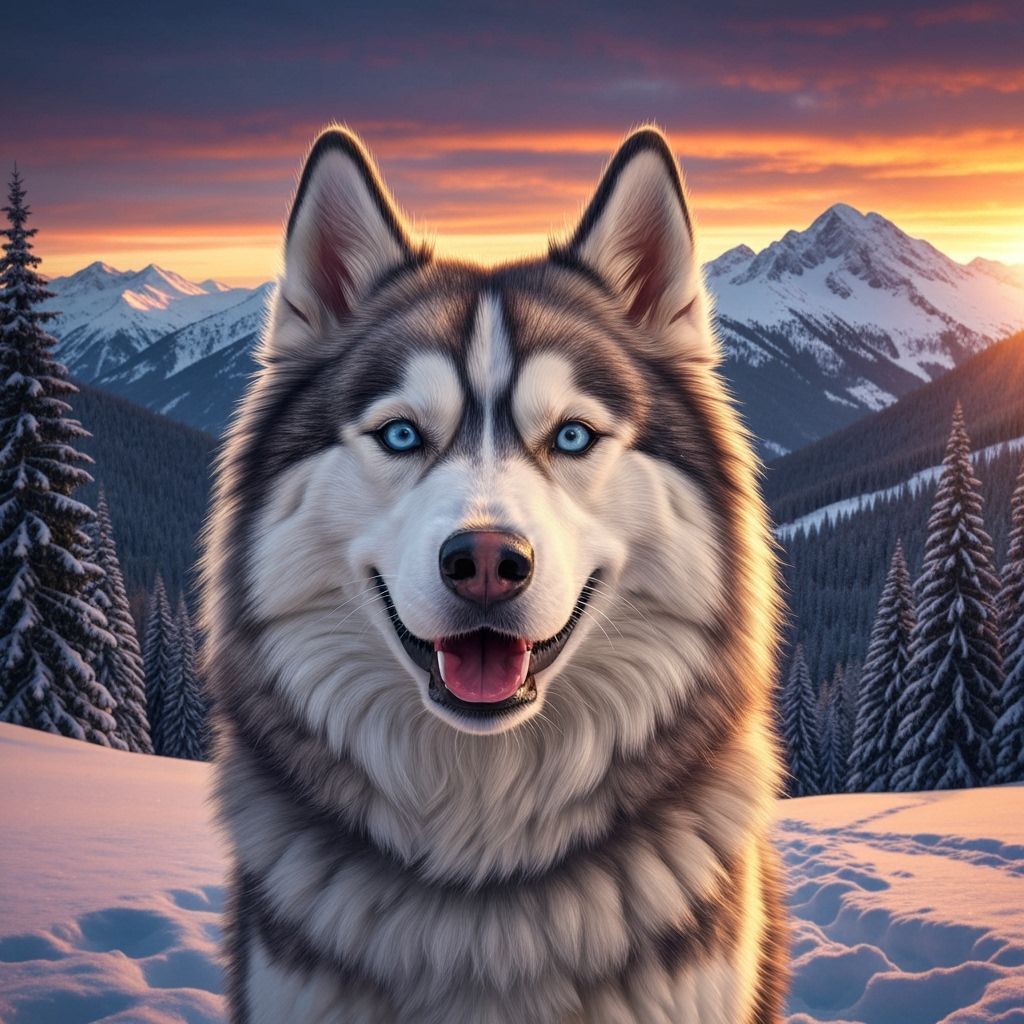 Husky Double Exposure: Mountains and Sunset