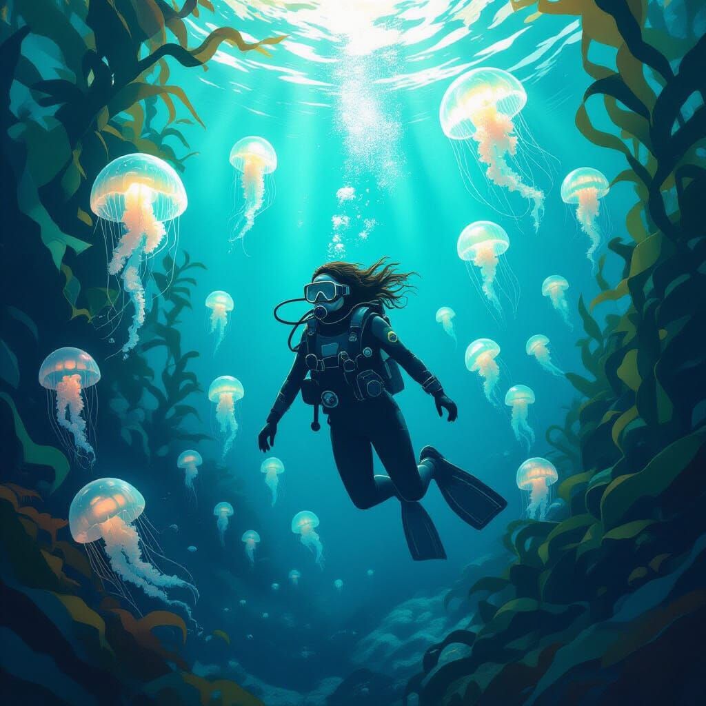 Diver in Bioluminescent Kelp Forest, Surreal Art