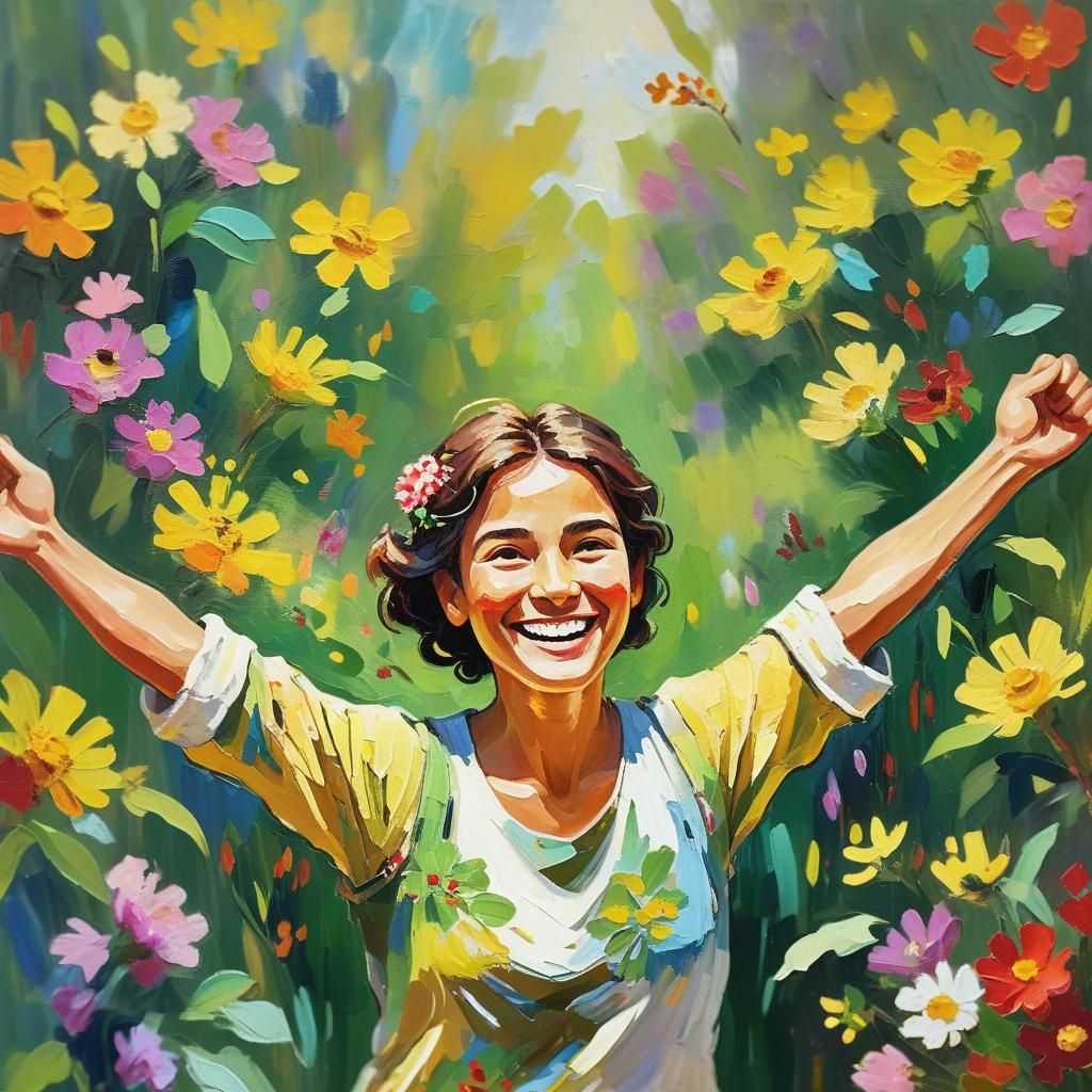 Smiling Figure Surrounded by Flowers in Post-Impressionist S...