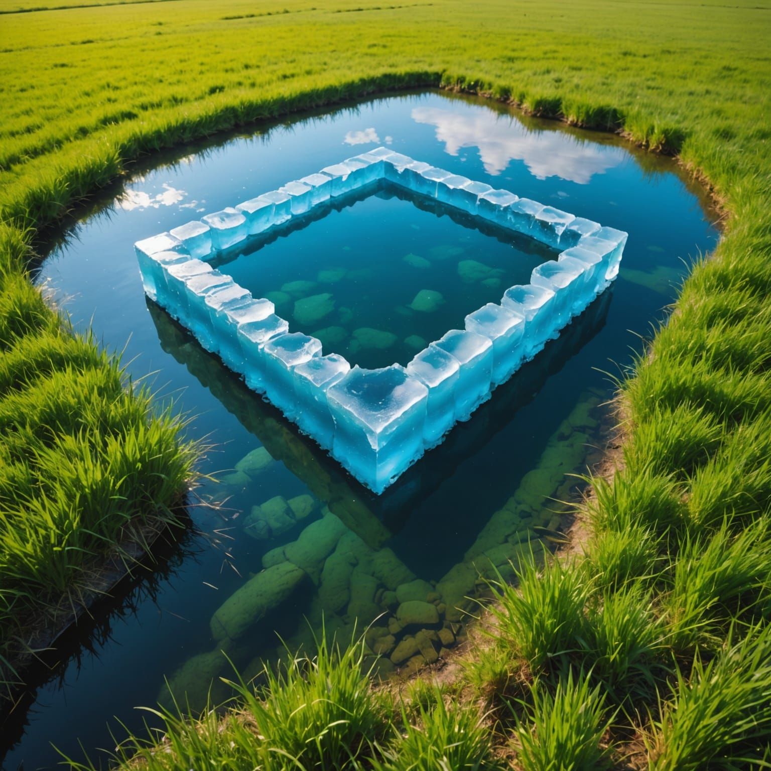 Giant Ice Cube Plunging into Pond: Surreal Landscape