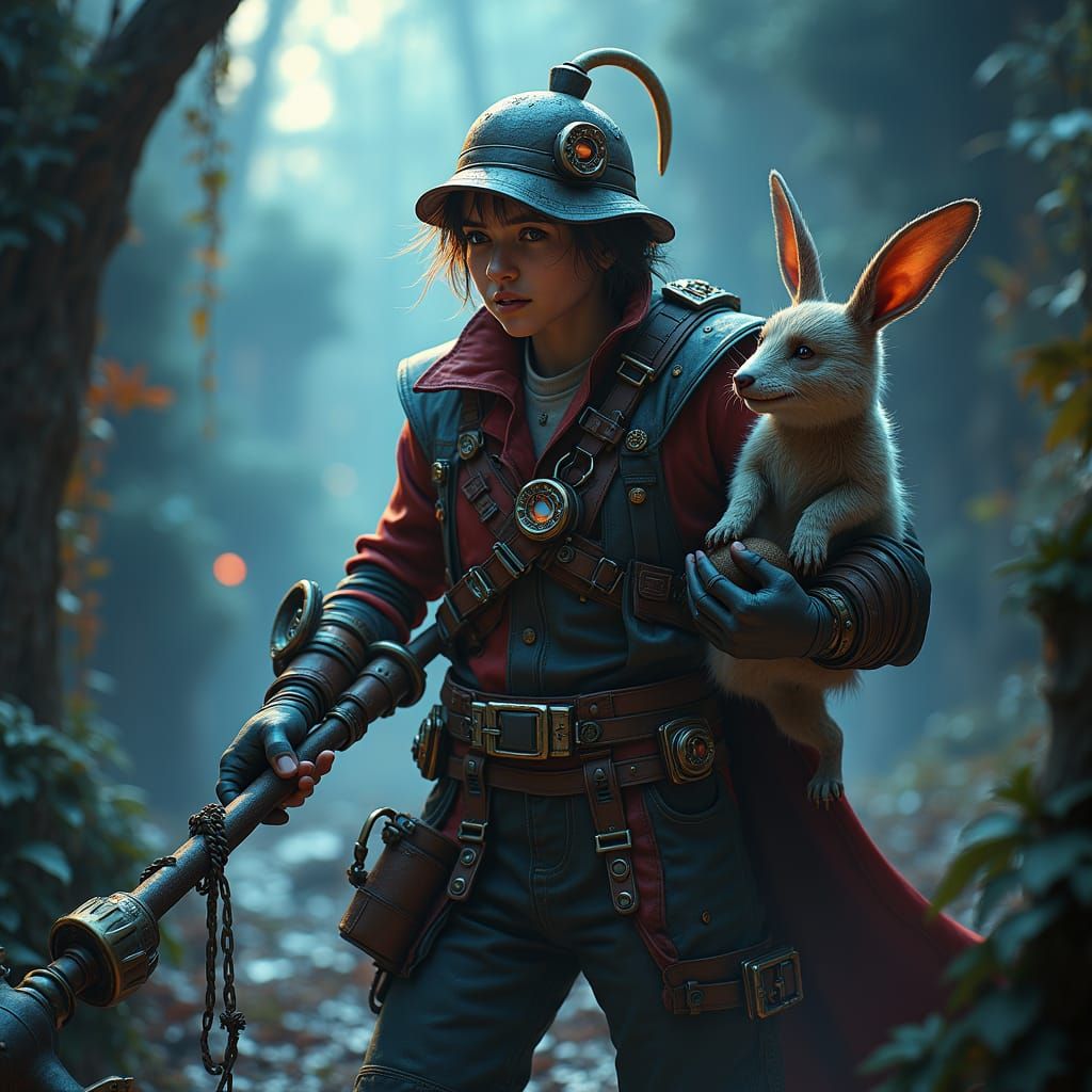 Steampunk Fisherwoman and Dog in Night Light