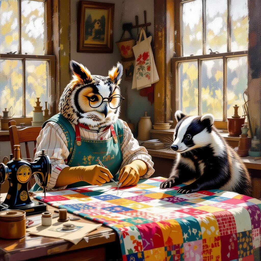 Owl and Badger Sewing in Vintage Workshop, Impasto Style