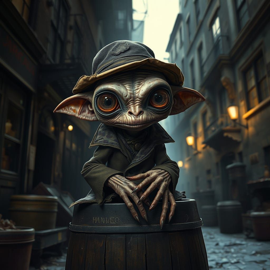 A worn black and white vintage photo of a hobo alien with large, round eyes and a small mouth. The alien is wearing a ta...