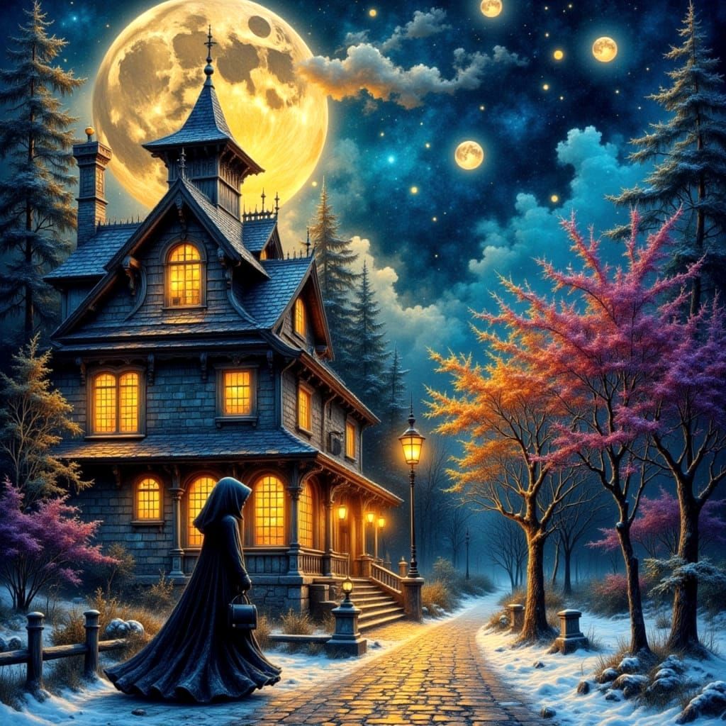 Mysterious Woman at Tavern Under Moody Sunset