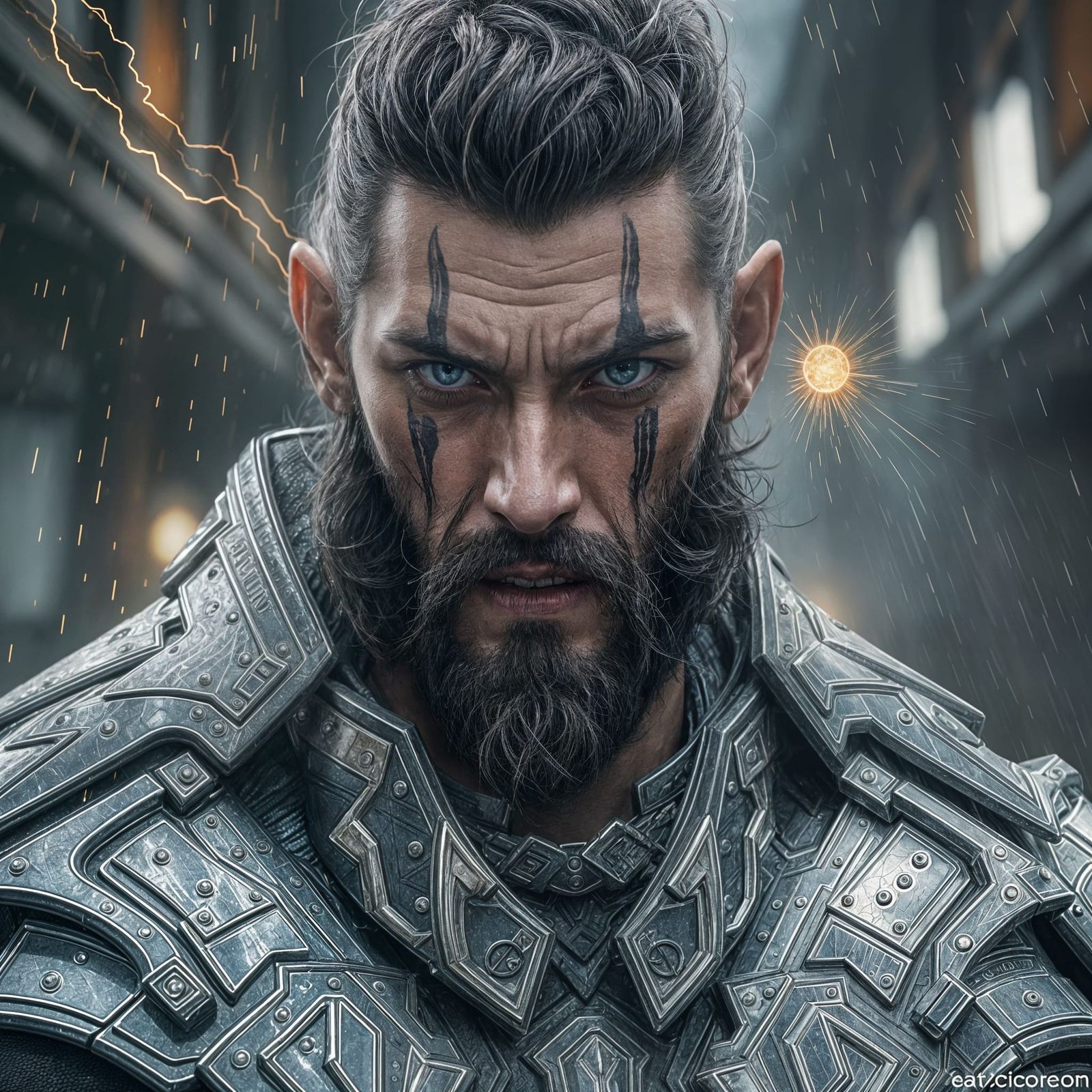 Fierce Warrior Portrait with Blue Energy Aura