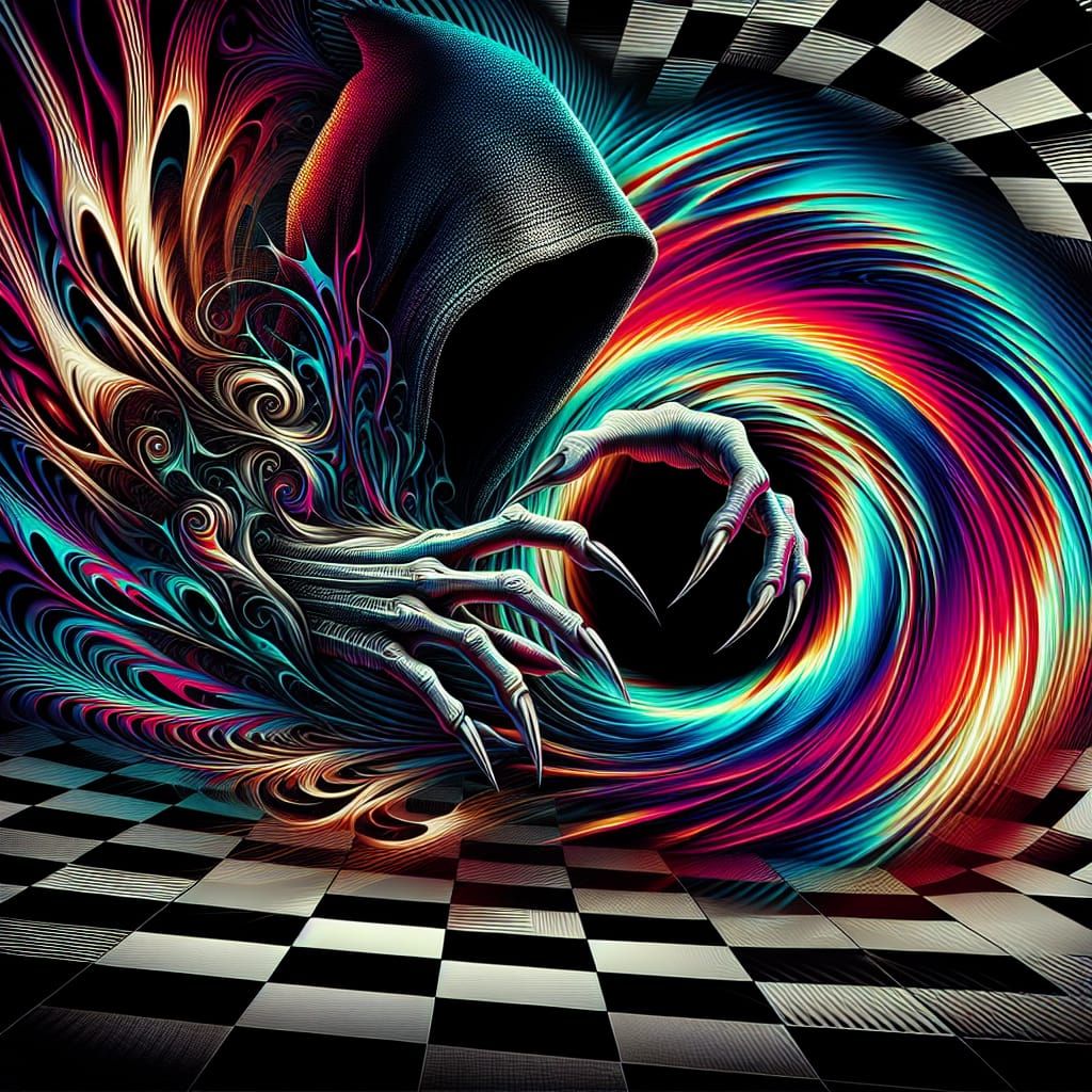 Hooded Figure Emerges from Checkered Vortex