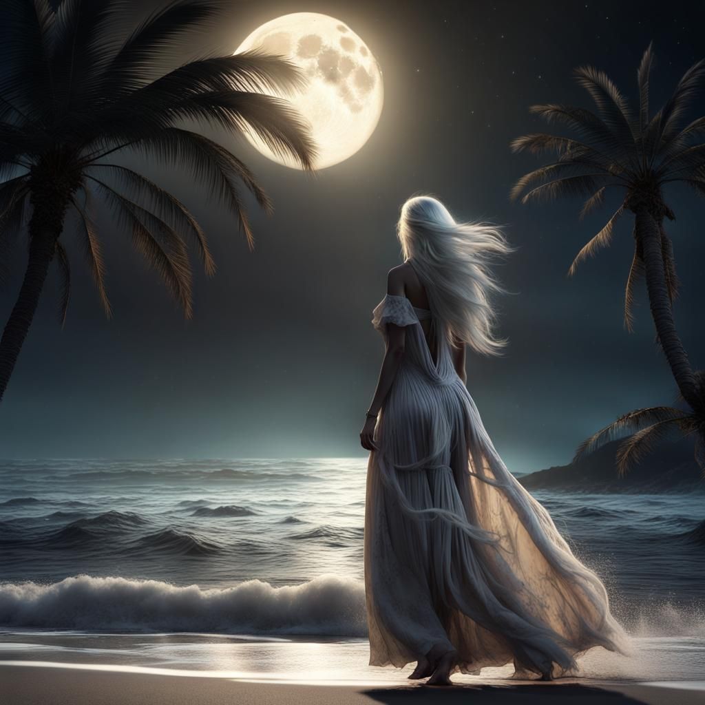 Moonlit Beach Scene with Woman and Palm Trees