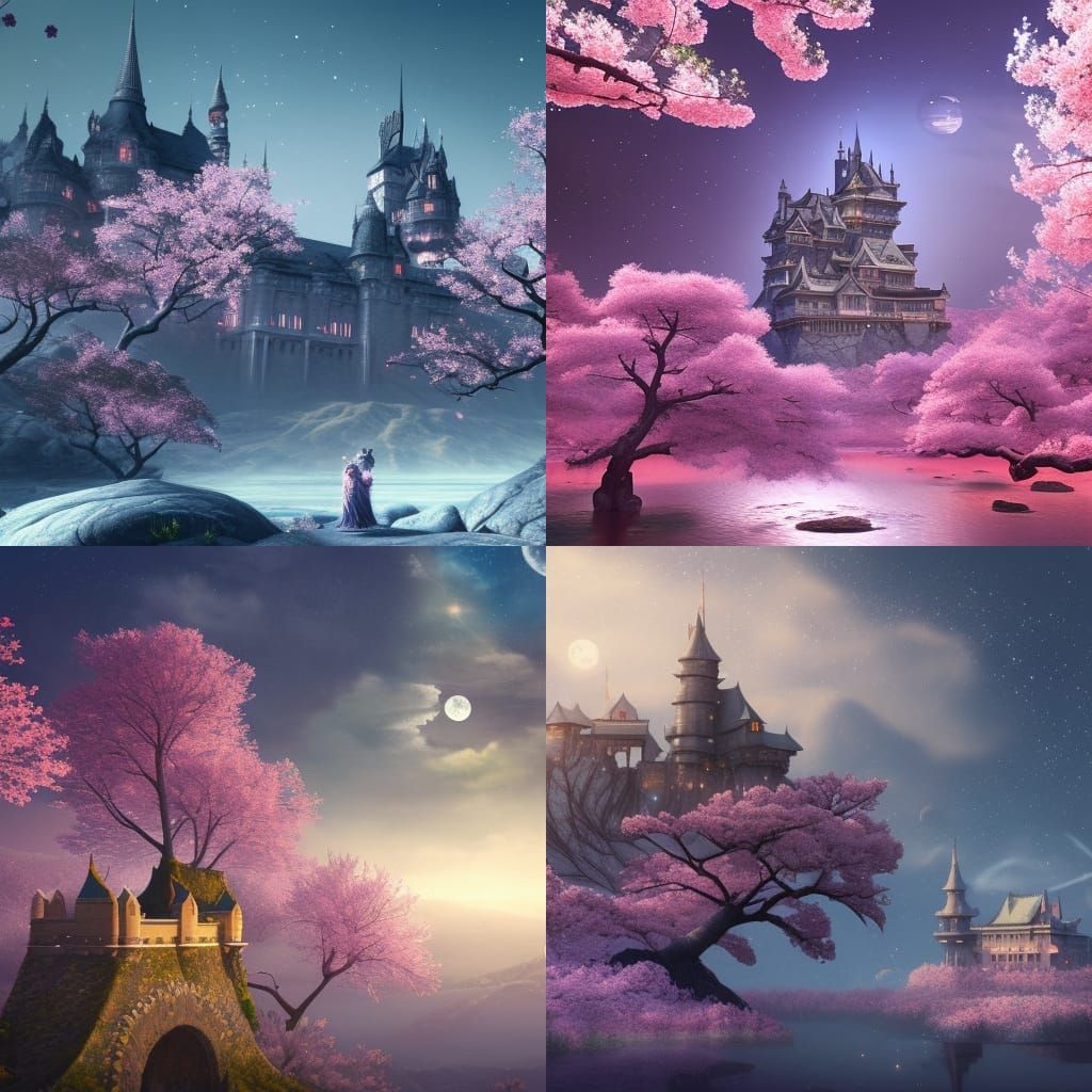 Fantasy Castle on the Moon with Cherry Blossoms