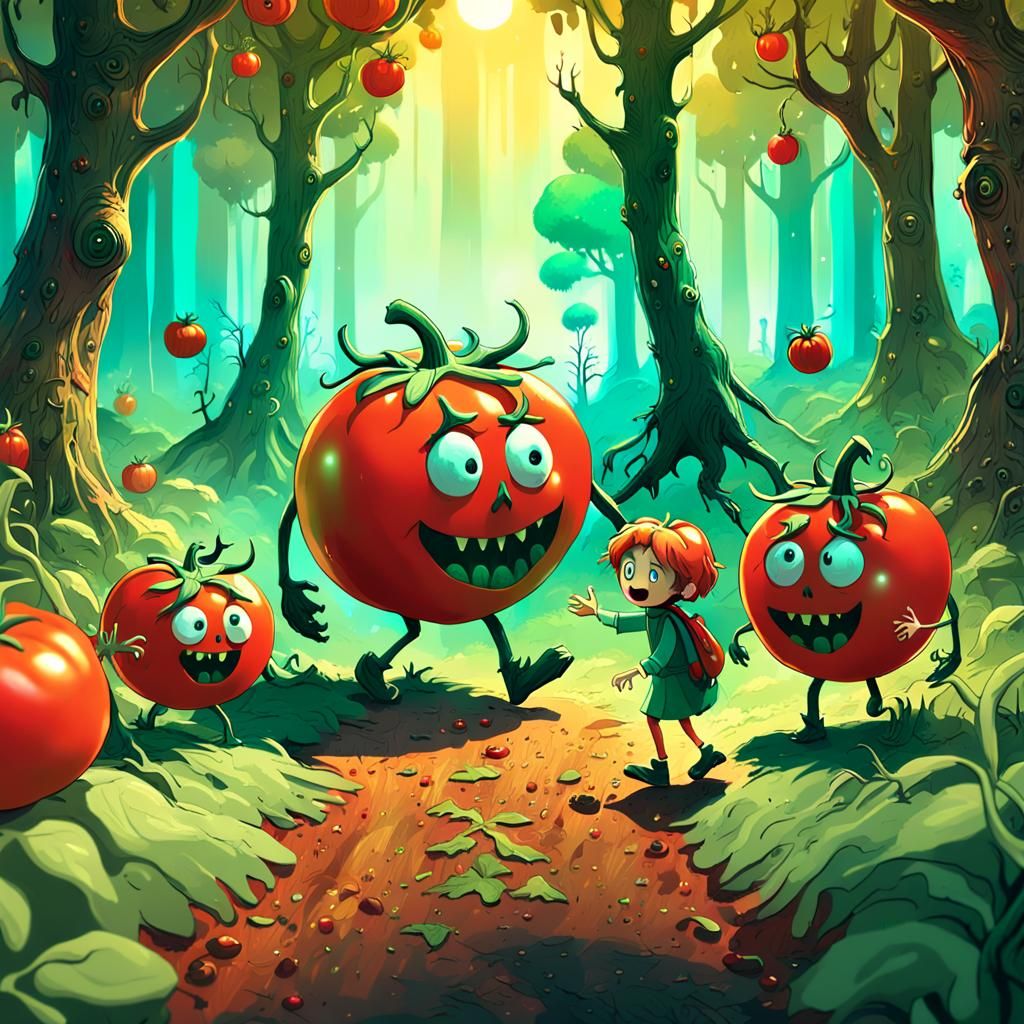 Whimsical Tomato Family in Fantasy Forest Concept Art