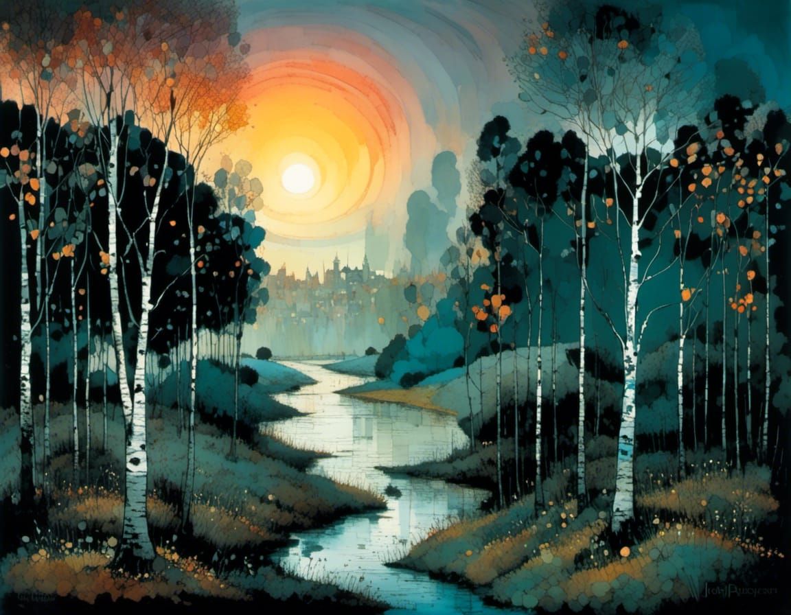 Autumnal Birches in an Entangled, Detailed Style