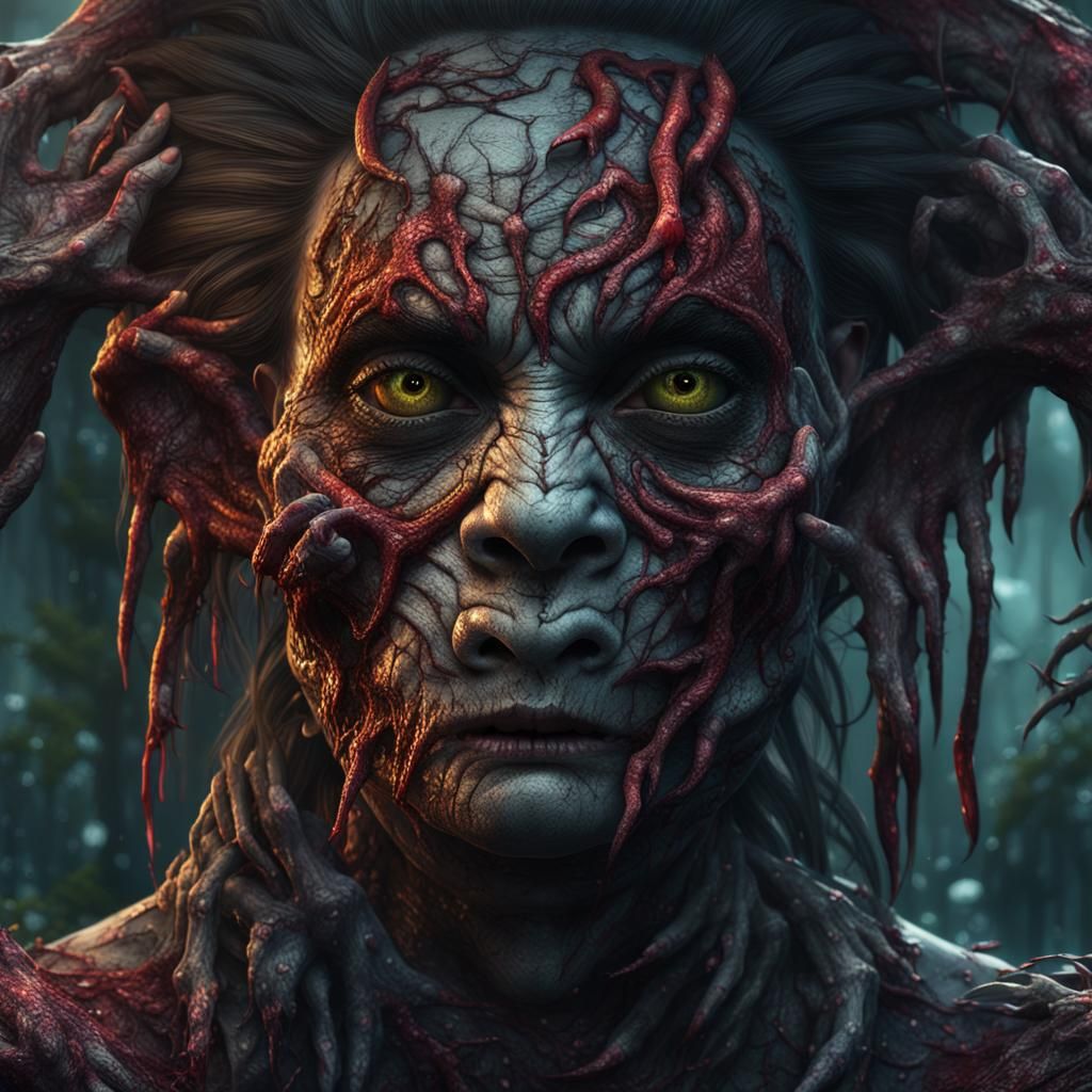 Macabre Woman in Jungle with Monsters: Detailed Matte Painti...