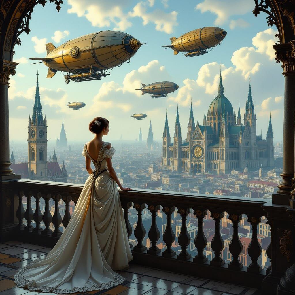 Art Nouveau Woman Gazing at Steampunk Cityscape