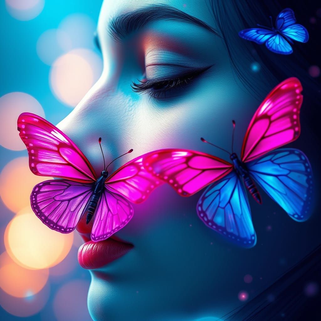 Ethereal Woman With Butterflies in Blue Light