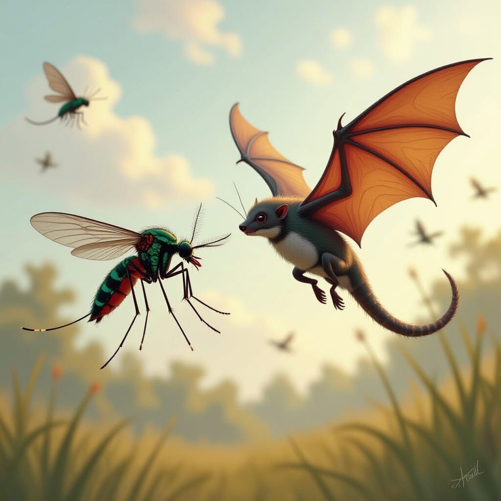 Mosquito and Bat in Flight, Digital Painting Realism