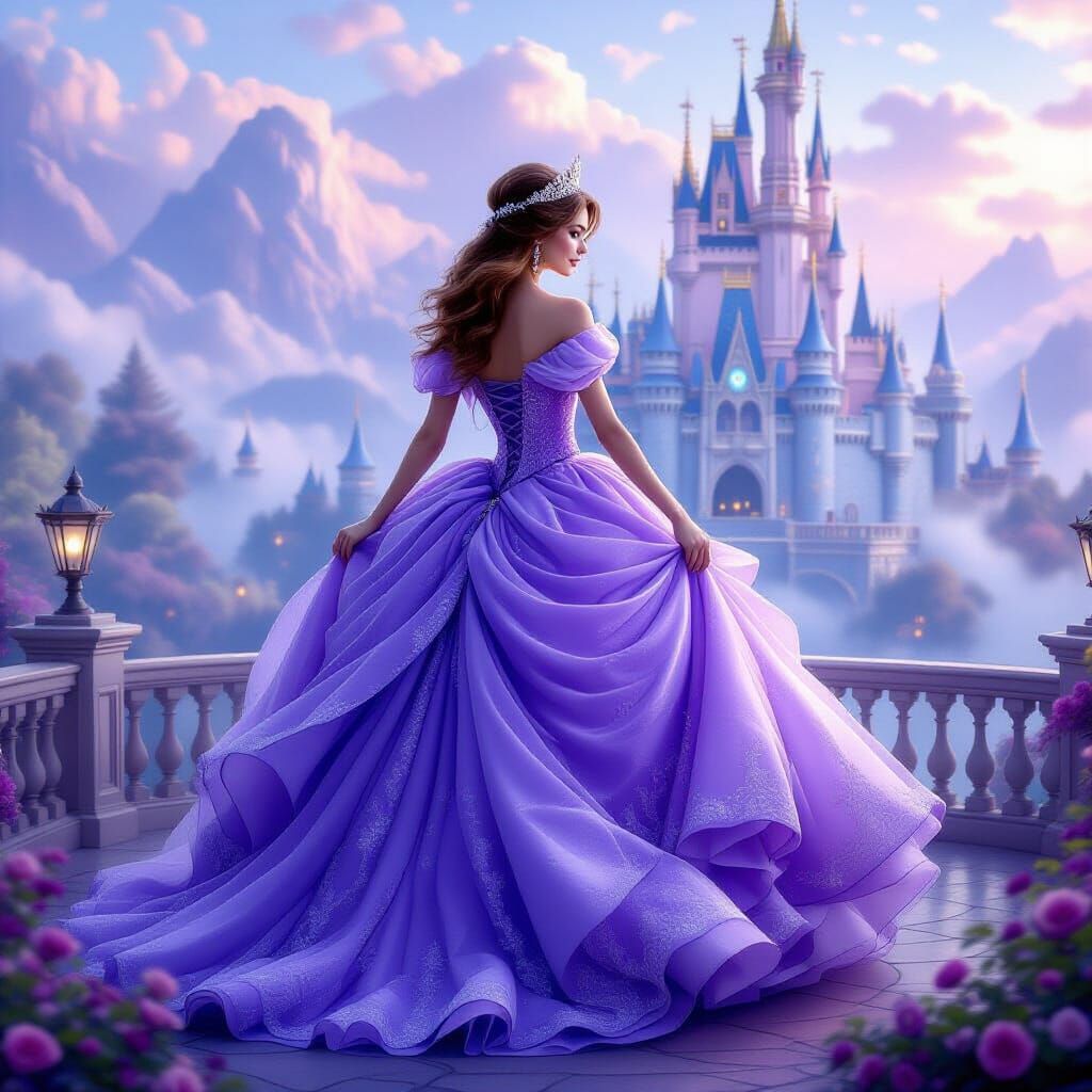 Princess in Purple Gown at Ethereal Castle