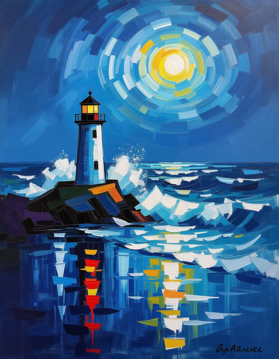 Lone Lighthouse in Stormy Oceanscape, Impressionistic Cubism...