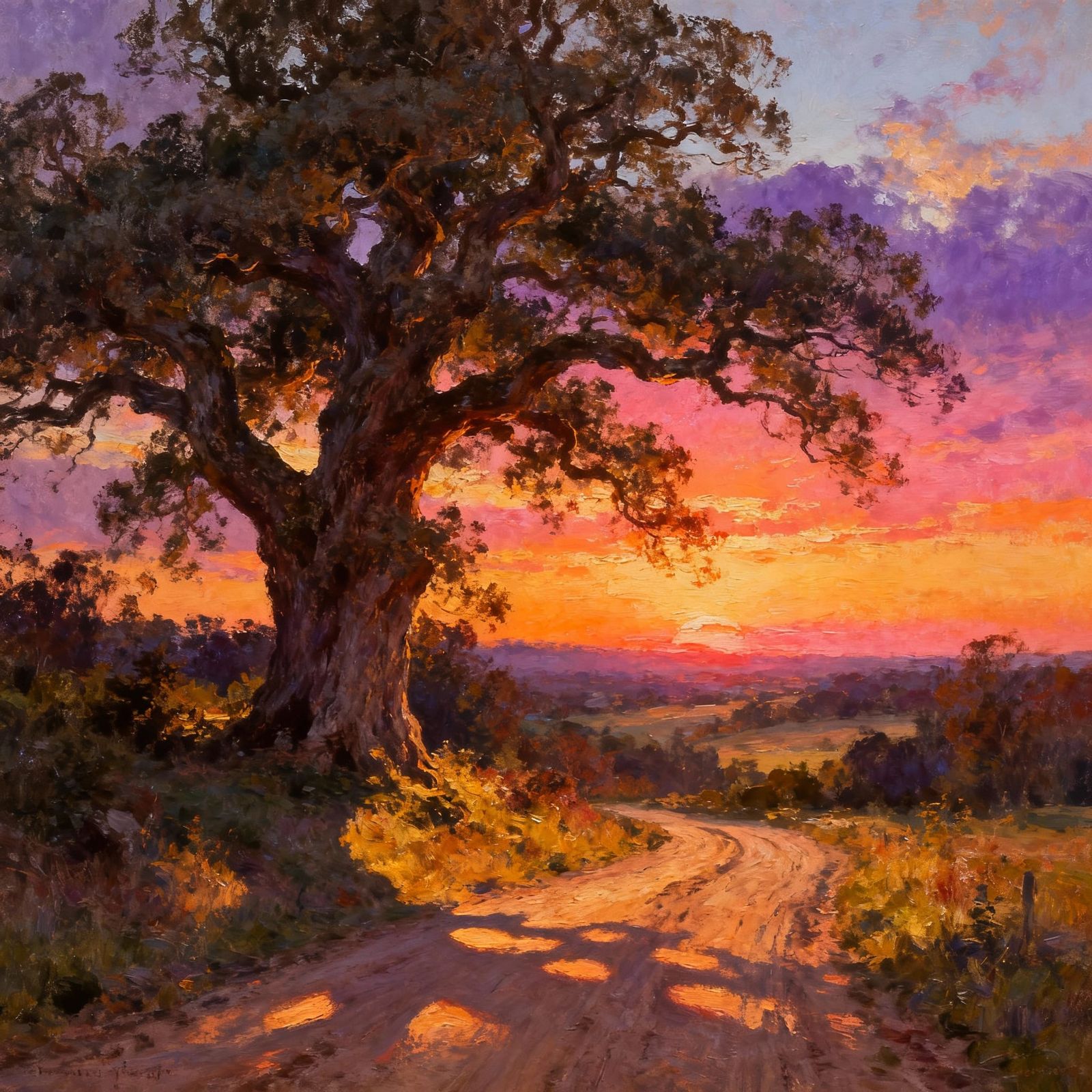 Ancient Tree on Country Road at Golden Sunset