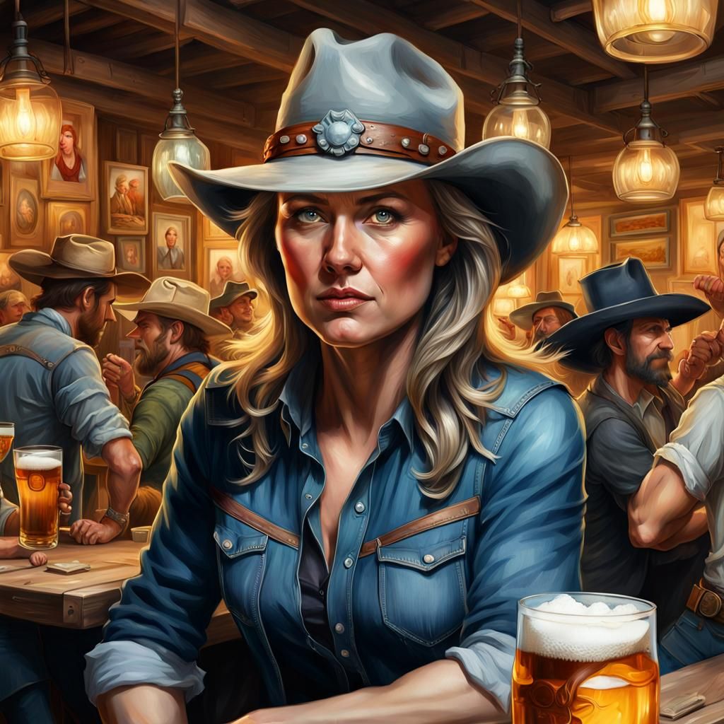 Photorealistic Oil Painting: Woman in Tavern