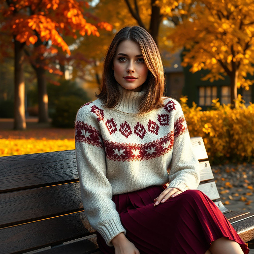 Elegant Woman in Park, Autumn Colors, Concept Art Style